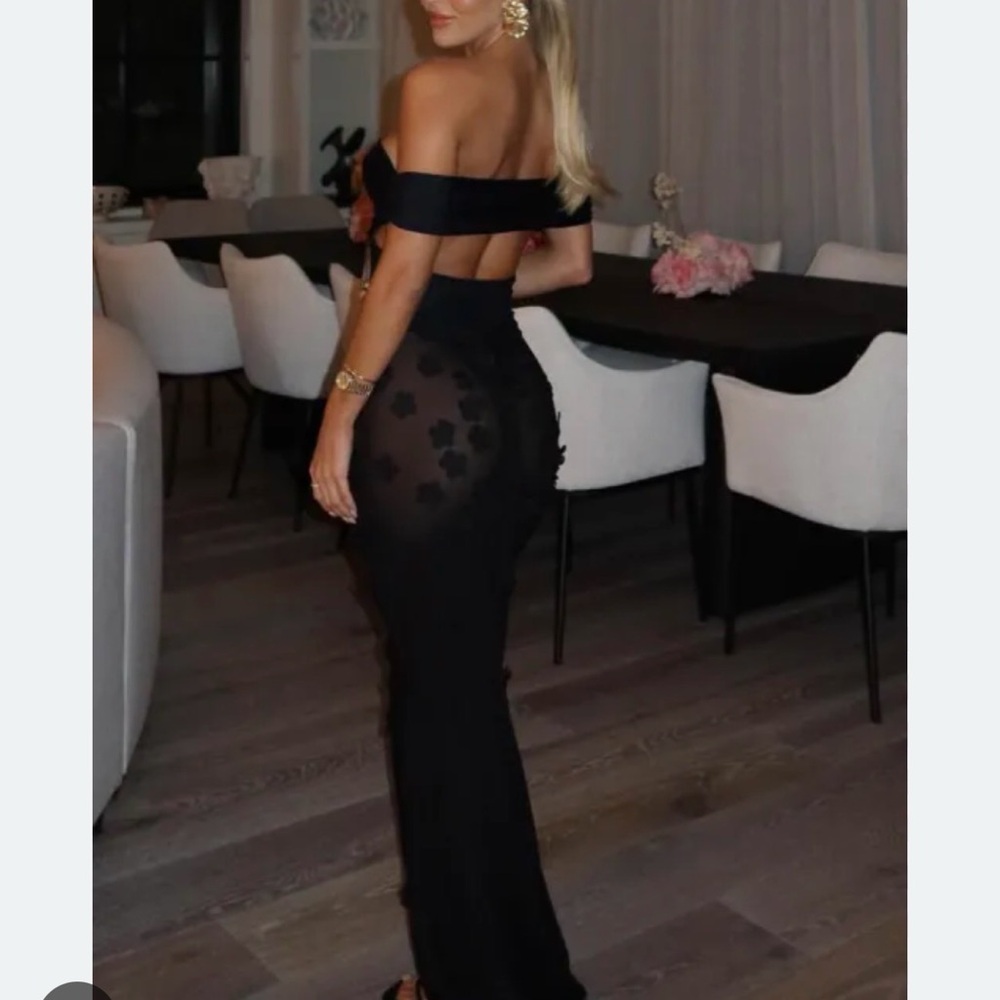 White fox Boutique Loved the Most Mesh flower Black Off-Shoulder maxi Dress